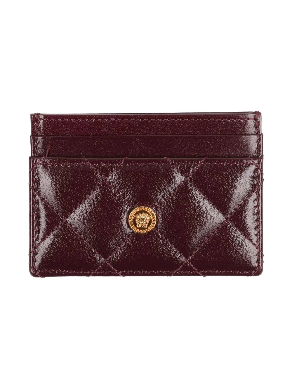 New Versace Quilted Burgundy Leather Card Holder with Gold Medallion Medusa - Picture 4 of 5